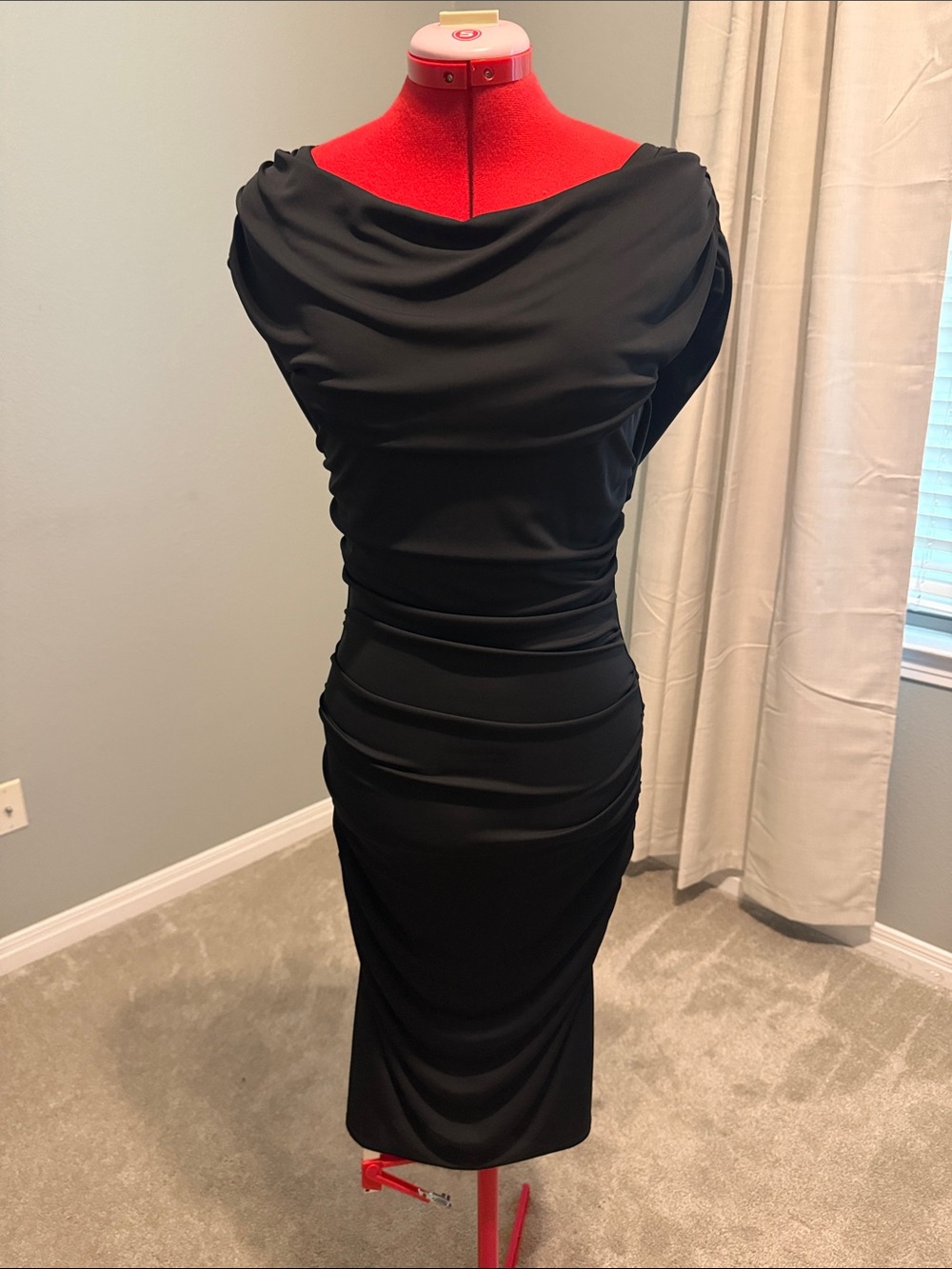 BCBGMaxAzria Black Draped Ruched Midi Dress